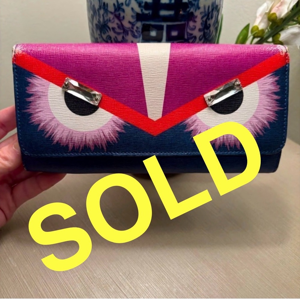 SOLD FENDI BAG BUGS Monster Long Bifold Wallet Purse Leather Pink/Purple - Picture 1 of 9